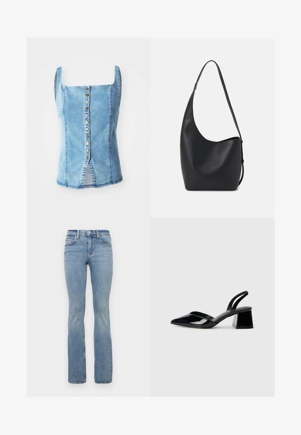 Denim top with a square neckline, blue wash, front button closure with decorative gold buttons, side slits, and slightly tapered fit.; Light blue denim flared jeans with a mid-rise waist, featuring five-pocket design, belt loops, and subtle fading on the thighs.; Black patent leather slingback heels with a pointed toe and a geometric block heel. Features a sleek, minimal design and smooth texture.; Black leather hobo bag with a smooth texture, curved shape, and single adjustable strap; features a wide opening at the top.