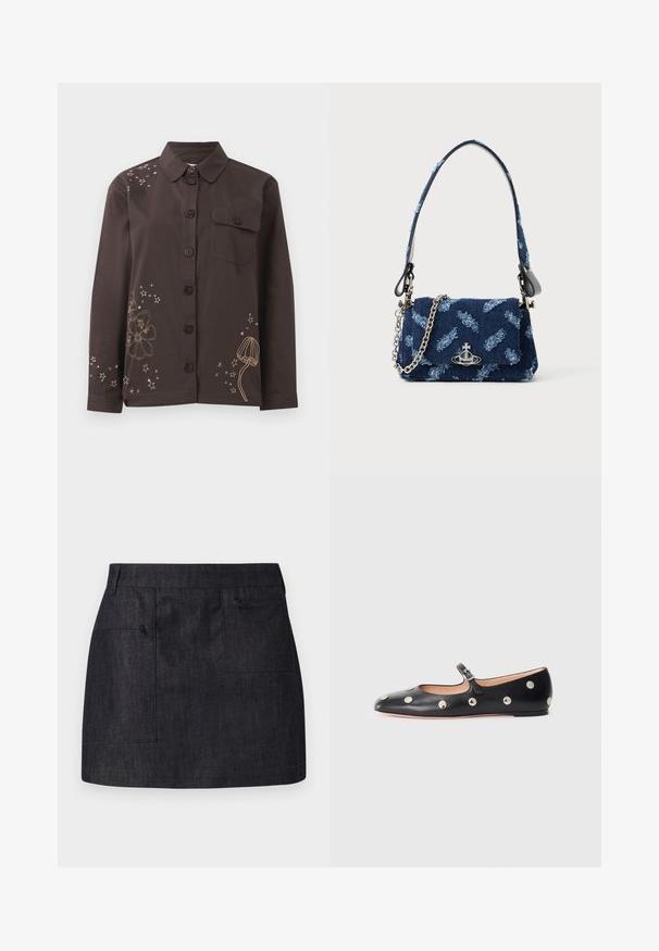 Hnedá košeľa s gombíkmi a golierom, zdobená vyšívaním kvetov a hviezd v zlatej a modrej farbe, a ľavým vreckom na hrudi. Vyrobená z bavlny.; Tmavý denimový sukňa so rovnými strihom, ktorá má dve predné vrecká a jemnú textúru. Čistý lem a štandardný dizajn pásu.; Čierne kožené baleríny typu Mary Jane s okrúhlou špičkou, so striebornými kruhovými cvokmi a nastaviteľným remienkom so sponou.; Tmavomodrá kabelka z textilného materiálu s textúrovaným dizajnom, striebornými detailmi a odnímateľným reťazovým popruhom. Obsahuje zavretie na klapku a akcent loga.; Strieborné náušnice s obručou v tvare kruhu, zdobené žiariacimi kameňmi a perlou v tvare kvapky. Výnimočný dizajn s prepracovanými detailami.