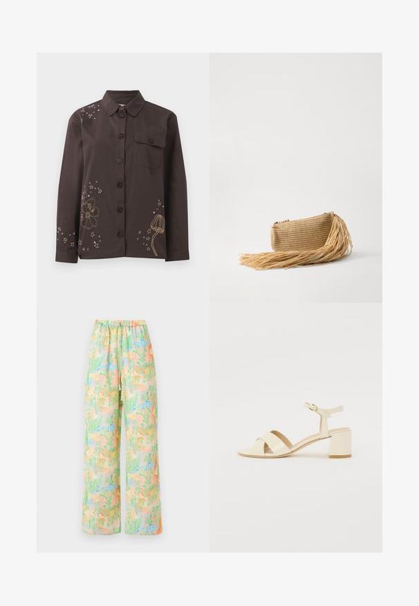 Rudas marškinėliai su apykakle, papuošti gėlėmis ir žvaigždžių siuvinėjimu auksine ir mėlyna spalvomis, su kairėje krūtinės pusėje esančia kišene. Pagaminta iš medvilnės.; Platus kojų kelnės iš lengvos medžiagos, puoštos pastelinių atspalvių žuvų ir augalų raštu. Elastinė juosta su raišteliu.; Bežinės patentinės odos aukštakulnės šlepetės su kryžminiu dirželiu, atvira nosimi, reguliuojamu kulkšnies dirželiu ir blokuotu kulnu. Lygi tekstūra.; Cult Gaia VIERA - Delninukė - natural