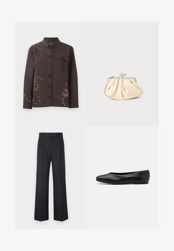 Brown button-up shirt with a collar, featuring floral and star embroidery in gold and blue, and a left chest pocket. Cotton material.; Dark blue pinstriped trousers with a high waist, wide leg design, and no visible hardware or embellishments. Smooth texture and tailored fit.; Paul Smith TOPANGA - Ballet pumps - black; Pleated beige leather clutch with a silver metal frame, featuring two round decorative clasps and a silver chain strap.