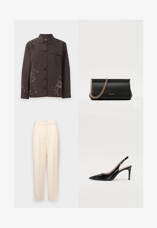 Brūnas pogām piegriezta krekla ar apkakli, kas rotāta ar ziedu un zvaigžņu izšuvumiem zeltītā un zilā krāsā, kā arī ar kreiso krūšu kabatu. Krekls izgatavots no kokvilnas materiāla.; Beige pielāgotas bikses ar taisnu piegriezumu, priekšpusē ar krokām, gluda tekstūra un vidējas augstuma jostasvieta. Nav redzamu kabatu.; Melnas lakotās ādas slingback kurpes ar izteiktu degunu, šauru papēdi un smalku izgriezumu dizainu. Siksniņai ir zelta sprādze.; Melns ādas apliecības soma ar zelta ķēdes siksnu, ar gludu tekstūru, taisnstūra formu un izspiestu zīmolu uz priekšpuses.