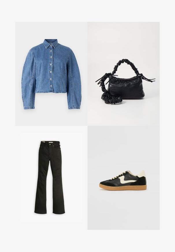 Giacca in denim cropped di colore azzurro chiaro, con chiusura a bottoni frontale, colletto a punta e maniche a sbuffo con cuciture laterali.; Jeans neri a zampa d'elefante realizzati in denim. Presentano un classico design a cinque tasche con zip, cuciture robuste e un orlo pulito.; Sneaker nera in suede e pelle con un sorriso laterale crema e un tallone di un leggero crema. Presenta lacci beige e una suola in gomma color caramello.; Borsa a tracolla in ecopelle nera con texture a coccodrillo, apertura cinchata e tracolla arricciata. Si presenta con un design morbido e compatto.