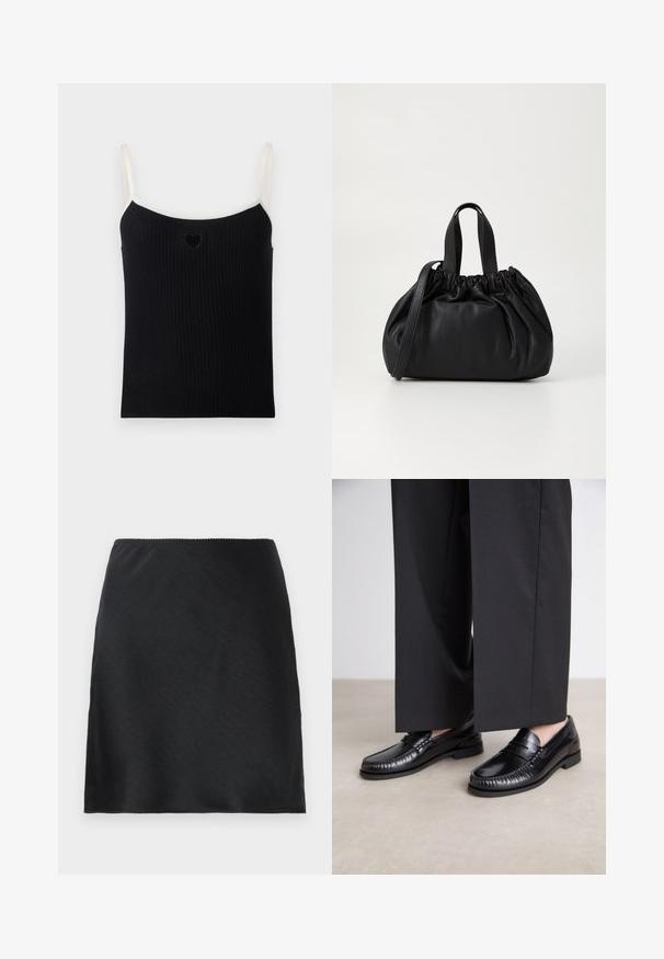 Black ribbed tank top with thin cream straps and small heart cutout on the front. Soft texture, fitted design, and a minimalist style.; Black satin mini skirt with a smooth texture and a straight hemline, shown against a plain white background.; Black leather loafers with a smooth finish, stitched detailing around the toe, and a low rubber sole. Paired with wide black trousers.; Black leather handbag with a gathered top design, featuring two short handles and a long adjustable strap. Smooth texture, rounded shape.