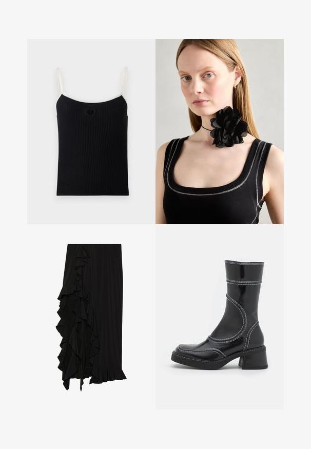 Débardeur noir à côtes avec des fines bretelles crème et une petite découpe en forme de cœur à l'avant. Texture douce, design ajusté et style minimaliste.; Jupe noire en tissu doux avec un détail à volants sur le côté gauche et une finition à volants en bas, créant une silhouette fluide.; Bottine en cuir verni noir avec des coutures blanches, bout arrondi et talon carré. Présente des lignes de design courbées et une texture lisse.; Collier en choker de fleurs noires composé de pétales superposés, porté avec un débardeur à côtes noir présentant des accents en argent le long de l'encolure et des épaules.