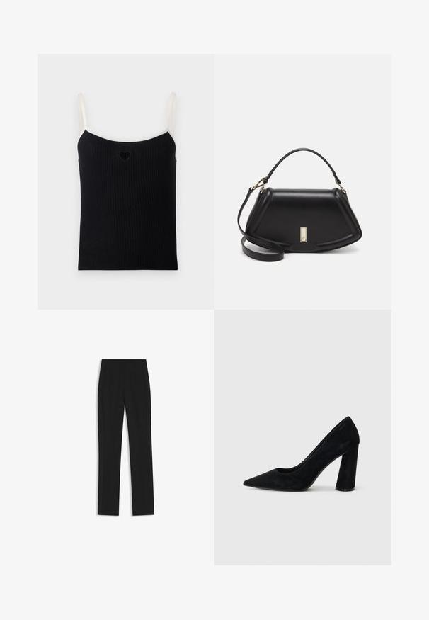 Débardeur noir à côtes avec des fines bretelles crème et une petite découpe en forme de cœur à l'avant. Texture douce, design ajusté et style minimaliste.; Pantalon noir ajusté avec une coupe droite, doté de poches avant et d'un tissu lisse et texturé. Détails soignés et minimalistes.; Escarpin en daim noir à talon haut avec un bout pointu et un talon épais. Design élégant, texture lisse et style minimaliste. Pas de marque visible.; Sac à main en cuir noir avec un design structuré, featuring une forme cropped, une poignée supérieure et des accents en matériel doré. Bandoulière réglable incluse.