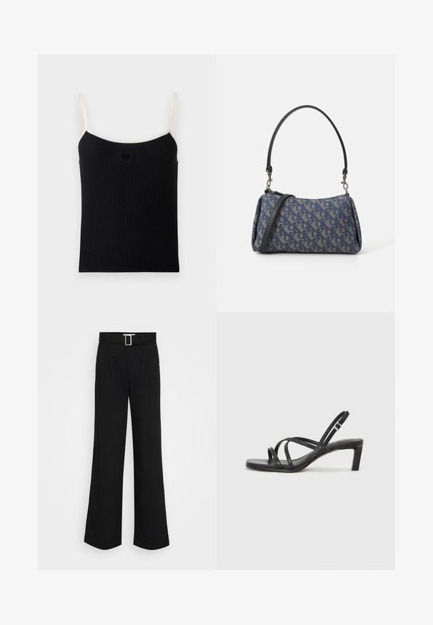 Juodas grioveliais kūno kostiumas su plonomis kreminėmis petnešomis ir mažomis širdelės išpjovomis priekyje. Minkšta tekstūra, prigludusi forma ir minimalizmo stilius.; Juodi plačių kojų kelnės, pagamintos iš lengvos medžiagos, turinčios lygią tekstūrą, priekiniais klostėmis ir diržu su kvadratine metaline sagtimi.; Juodi šlepetės su kvadratiniu pirštu ir žemu bloku kulnu. Yra keli ploni dirželiai ir reguliuojamas kulkšnies diržas. Pagaminti iš lygios odos.; Mėlyna audinio rankinė su raštu, turinti išlenktą formą, juodą odinį dirželį ir logotipo dizainą šviesesnėmis spalvomis.