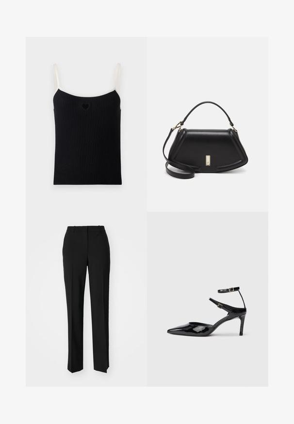 Svart ribbet tank topp med tynne kremfargede stropper og liten hjerteutskjæring foran. Myk tekstur, tettsittende design og minimalistisk stil.; Sorte skreddersydde bukser med rett silhuett, med en glatt tekstur og klare pressede bretter foran. Ingen synlig maskinvare.; Sorte lakkede hæle med spids tå, justerbare ankelstropper og en slank hæl. Glat tekstur med en skinnende overflade.; Sort lærveske med en strukturert design, som har en avkortet form, topphåndtak og detaljer i gull. Justerbar skulderstropp inkludert.