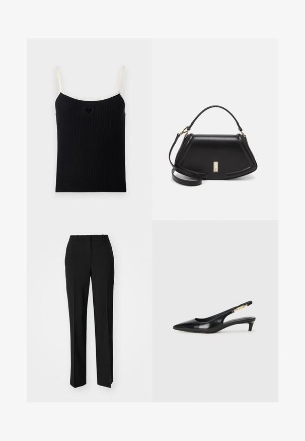 Zwarte geribde tanktop met dunne crèmekleurige bandjes en een klein hartvormig uitsnede aan de voorkant. Zachte textuur, aansluitend ontwerp en een minimalistische stijl.; Zwarte op maat gemaakte broek met een recht model, voorzien van een soepele textuur en scherpe plooien aan de voorkant. Geen zichtbare hardware.; Zwarte leren slingback hakken met een spitse neus, voorzien van een slanke hak en een goudkleurige accent op de verstelbare band. Gladde textuur.; Zwarte leren handtas met een gestructureerd ontwerp, featuring een verkorte vorm, bovenhandvat en gouden hardwareaccent. Inclusief verstelbare schouderband.