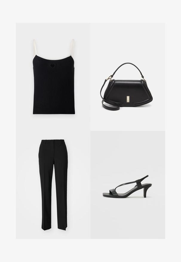 Black ribbed tank top with thin cream straps and small heart cutout on the front. Soft texture, fitted design, and a minimalist style.; Black tailored trousers with a straight-leg design, featuring a smooth texture and crisp creases along the front. No visible hardware.; Black heeled sandals with a slender strap design, square toe, and a mid-height block heel. Made from smooth leather with a matte finish.; Black leather handbag with a structured design, featuring a cropped shape, top handle, and gold hardware accent. Adjustable shoulder strap included.