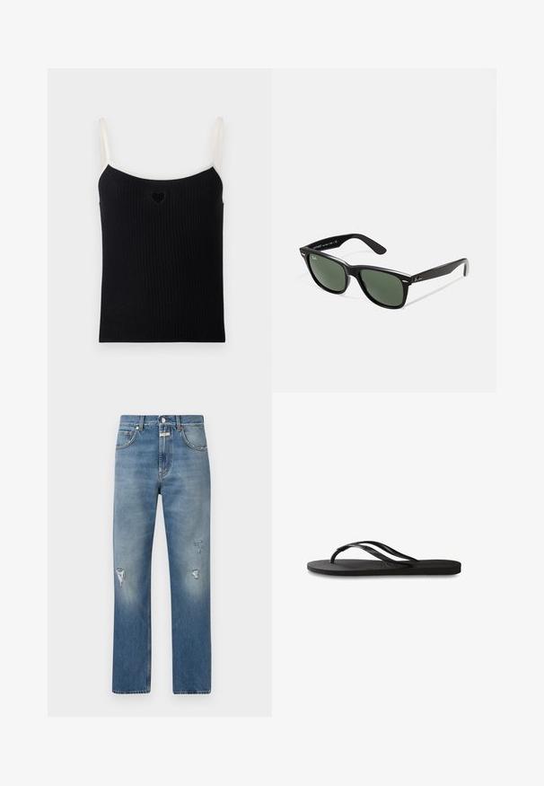 Débardeur noir à côtes avec des fines bretelles crème et une petite découpe en forme de cœur à l'avant. Texture douce, design ajusté et style minimaliste.; Jeans en denim bleu clair avec une coupe ample, présentant des patchs déchirés et une fermeture éclair. Design classique à cinq poches et jambes droites.; Tongs noires avec une semelle en caoutchouc texturée, deux fines lanières et un détail de logo embossé subtil sur la lanière.; Lunettes de soleil en plastique noir avec verres verts, monture carrée, accent argenté sur le sourcil et branches texturées. Marque indiquée sur l'intérieur de la branche.; Sac fourre-tout en cuir noir avec une poignée carrée, arborant une finition texturée et un logo en relief. Comprend une bandoulière amovible.