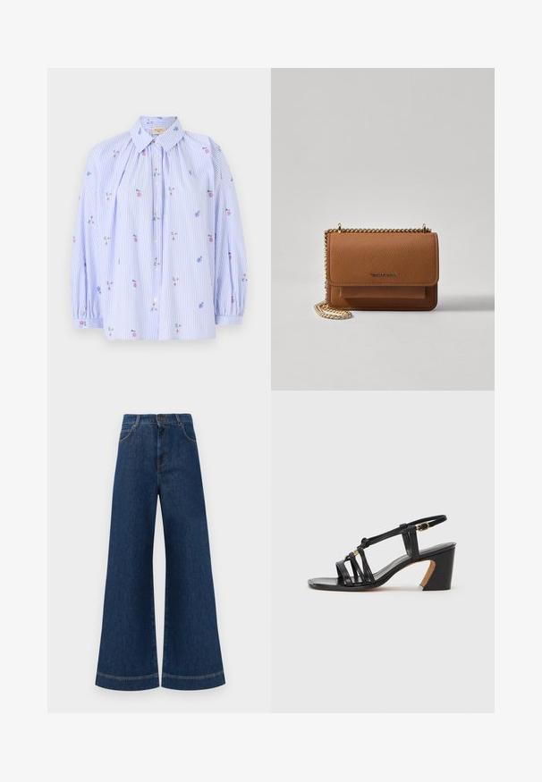 Blue and white striped shirt with floral embroidery, button-front design, long puff sleeves, and a classic collar. Lightweight cotton fabric.; Wide-leg blue denim jeans with a high waist, featuring a button closure, belt loops, and subtle stitching details along the pockets and hems.; Paul Smith AMIRA - Classic heels - black; Brown textured leather crossbody bag with gold chain strap and flap closure. Front features logo detail and a pocket under the flap.