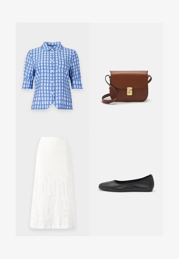 Blue checkered short-sleeve shirt featuring a classic collar, button-down front, and a curved hem, made from a lightweight fabric.; Knit white midi skirt featuring a textured pattern with vertical lines and cut-out details near the hem. Elastic waistband. Soft material.; Black leather ballet flat with a rounded toe, smooth texture, minimal stitching detail, and a flexible sole design.; Brown leather handbag with a flap closure, gold-tone hardware, a shoulder strap, and a smooth texture. Compact rectangular shape.