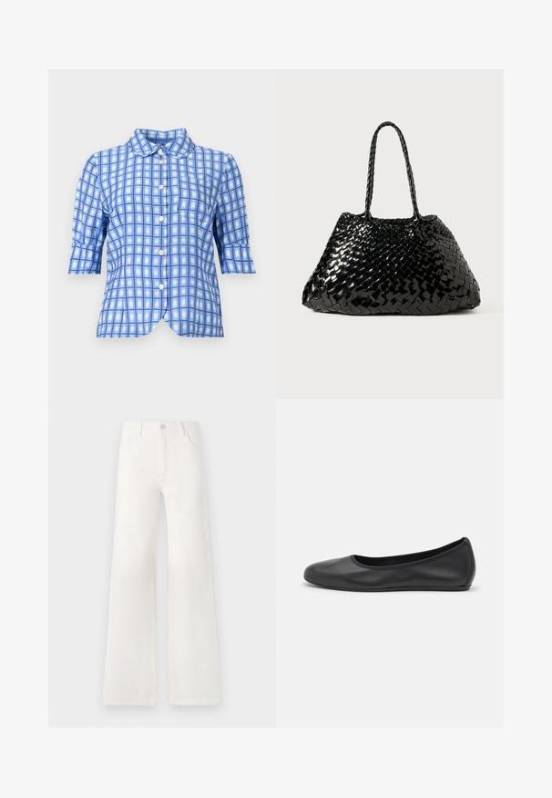 Camisa de manga curta azul xadrez com um colarinho clássico, frente abotoada e uma bainha curva, feita de um tecido leve.; Jeans brancos, de cintura alta e pernas largas, feitos de denim. Apresentam um fecho de botão, dois bolsos frontais e costuras detalhadas nas laterais.; Bailarina preta em pele com bico arredondado, textura suave, detalhe de costura minimalista e design de sola flexível.; Bolsa de mão preta de trama com um acabamento brilhante. Apresenta duas alças trançadas e uma forma triangular espaçosa. Padrão texturizado de trama por toda a parte.