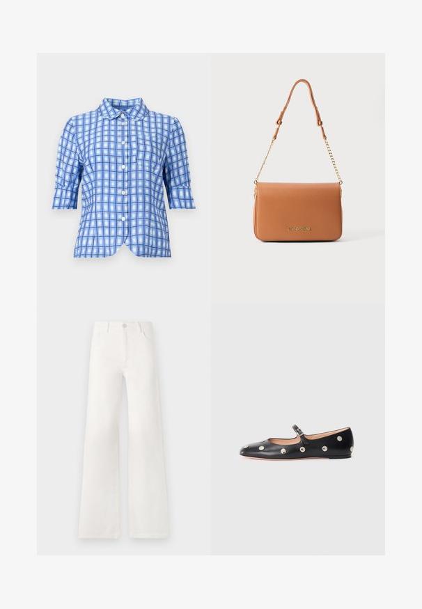 Blue checkered short-sleeve shirt featuring a classic collar, button-down front, and a curved hem, made from a lightweight fabric.; White, high-waisted wide-leg jeans made of denim. Features a button closure, two front pockets, and side seams with stitching details.; Black leather Mary Jane flat shoe with a rounded toe, featuring silver circular studs and an adjustable strap with a buckle.; Brown synthetic leather shoulder bag with a smooth texture, gold-tone chain strap, and embossed logo on the front. Rectangular shape.