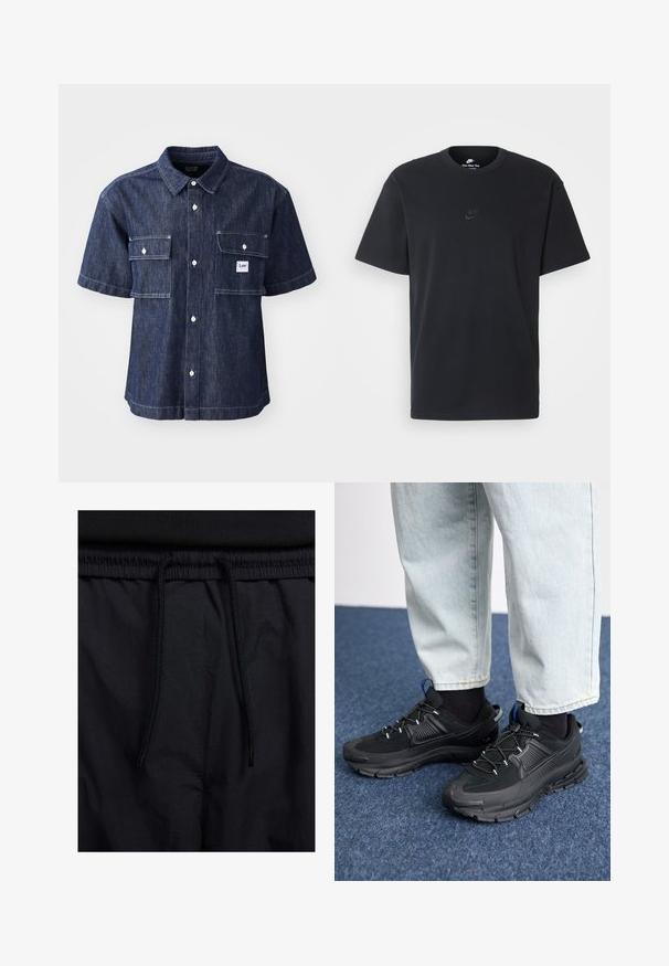 Tumši zilas džinsā īsām piedurknēm krekls ar pogām, ar divām krūtīm kabatām un mazu logo uzlīmi tuvu kreisajai kabatai.; Nike melns kokvilnas T-krekls ar klasisku piegriezumu, īsām piedurknēm un smalku, reljefu logotipu uz krūškurvja. Gluda tekstūra.; Melni šorti ar sašūtu jostu, viegls audums ar gludu tekstūru un vienkāršs dizains bez redzamiem logotipiem vai paraugiem.; Melni sporta apavi ar strukturētu audumu un gumijas zoli, ar elastīgām auklām un zilu akcentu uz papēža. Nēsāti ar gaišām džinsu biksēm.