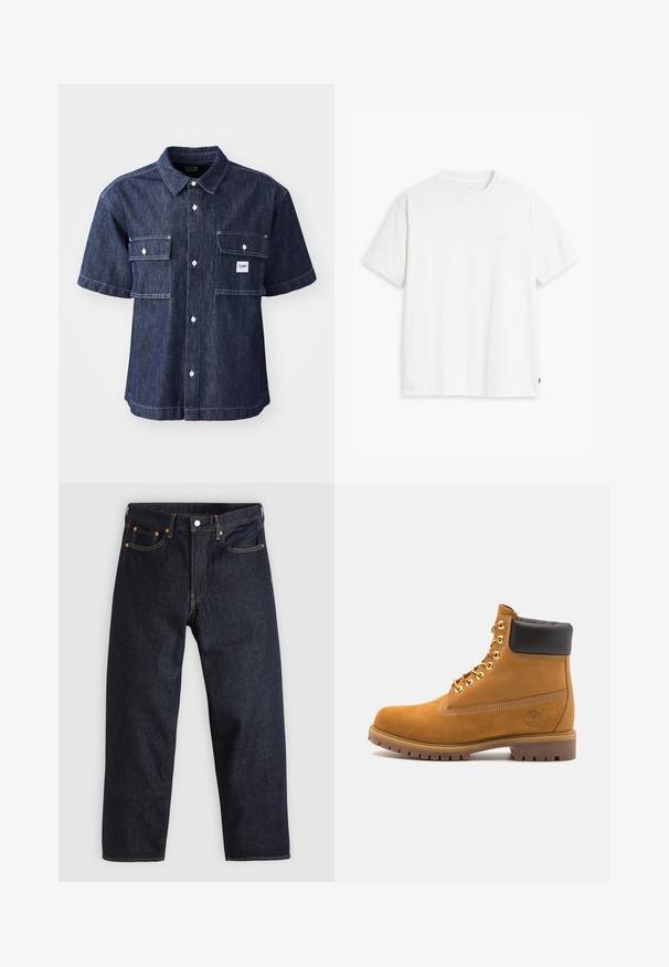 Cămașă din denim albastru închis, cu mâneci scurte și închidere cu nasturi, dotată cu două buzunare pe piept și o mică etichetă cu logo aproape de buzunarul stâng.; Tricou alb din bumbac cu mâneci scurte, guler rotund și logo-ul subtil Levi's imprimat în centrul său. Textură moale și croială standard.; Jeans de denim albastru închis, cu croială dreaptă, cinci buzunare, cusături contrastante de portocaliu și fermoar cu buton. Fără modele sau embellishments vizibile.; Cizmă de gleznă din întoarsă de culoare bej, cu guler negru căptușit, ochiuri din metal auriu, detalii de cusătură albă și talpă din cauciuc robustă, cu un model pronunțat.