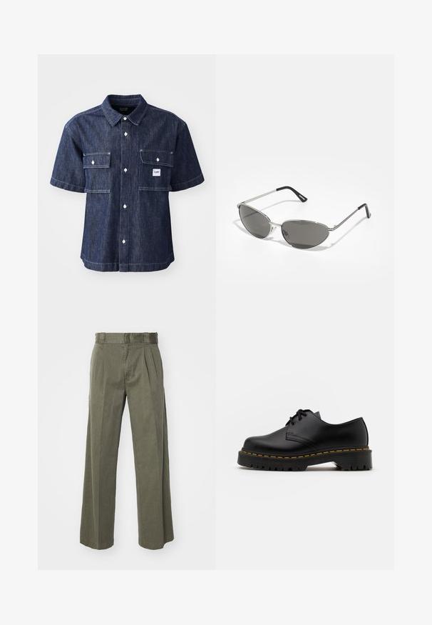 Σκούρο μπλε τζιν πουκάμισο κοντό μανίκι με κούμπωμα μπροστά, διαθέτοντας δύο τσέπες στο στήθος και μια μικρή ετικέτα λογότυπου κοντά στην αριστερή τσέπη.; Μαύρα αμάνικα μπλουζάκια σε πακέτο τριών. Ριμπ υφή, κλασικό λαιμόκοψη, χωρίς μανίκια. Το τελείωμα διαθέτει μικρό λογότυπο της μάρκας στο κάτω μέρος.; Ελαιόχρωμο παντελόνι με φαρδιά, χαλαρή γραμμή και πιέτες μπροστά. Κατασκευασμένο από υφή υλικού με κανονική μέση και χωρίς ορατό μεταλλικό υλικό.; Μαύρο δερμάτινο παπούτσι με κορδόνια και στρογγυλή μύτη, υφασμάτινη αντιολισθητική σόλα και κίτρινη ραφή γύρω από τη βάση. Φλάντζα σχεδίαση και λεία επιφάνεια.; Γυαλιά ηλίου με κομψό, ασημένιο μεταλλικό σκελετό, γκρι φακούς και αεροδυναμικό σχέδιο με αιχμηρές άκρες και λεπτούς βραχίονες.
