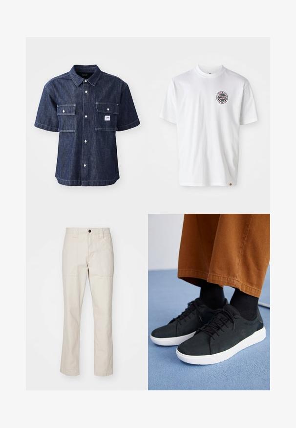 Ciemnoniebieska koszula z krótkim rękawem z denimu, z zapinanym przodem, z dwiema kieszeniami na piersi oraz małą naszywką z logo blisko lewej kieszeni.; Biała bawełniana koszulka z okrągłym logo na klatce piersiowej. Okrągły dekolt, krótkie rękawy, luźny krój, z czerwonymi i czarnymi akcentami.; Beżowe spodnie bawełniane o prostym kroju nogawki, z dwoma przednimi kieszeniami, pojedynczym zapięciem na guzik oraz widocznymi przeszyciami.; Czarne zamszowe trampki z białymi gumowymi podeszwami, z wiązaniem, teksturowanymi akcentami i subtelnym logo, w połączeniu z brązowymi spodniami.