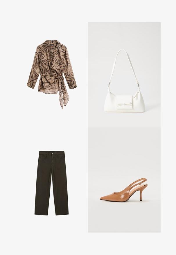 Blusa avvolgente a maniche lunghe con colletto in beige con motivo a strisce di tigre marroni; presenta un girovita con nodo e una morbida texture trasparente.; Jeans a gamba larga di colore verde scuro, realizzati in tessuto misto cotone, dotati di chiusura con bottone frontale, cinque tasche e cuciture classiche in denim.; Tacco slingback a punta affusolata in un materiale tan liscio e lucido. Presenta un design con ritaglio curvo e un sottile tacco a stiletto. Dettaglio con fibbia argentata.; Borsa sintetica bianca a forma triangolare, con patta anteriore piatta e dettaglio a fiocco, tracolla regolabile, texture liscia e design minimalista.