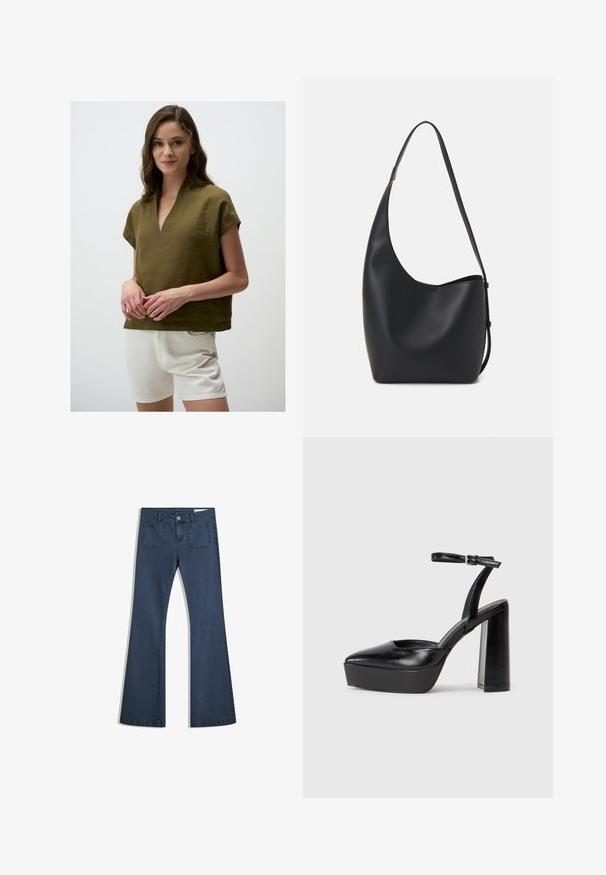 Olivgrünes Leinenoberteil mit V-Ausschnitt, kurzen Ärmeln und lockerer Passform, kombiniert mit weißen Shorts. Der strukturierte Stoff sorgt für einen lässigen Look.; Dunkelblaue, ausgestellte Jeans aus Denim mit genähten Taschen, einem Knopfverschluss und einer glatten Textur. Mit einem klassischen Fünf-Taschen-Design.; Schwarze Plateau-High Heels mit spitzem Zeh und verstellbarem Knöchelriemen. Gefertigt aus glattem Leder und mit einem klobigen Blockabsatz.; Schwarze Leder-Hobo-Tasche mit einer glatten Textur, geschwungener Form und einem einzelnen verstellbaren Tragegurt; verfügt über eine weite Öffnung am oberen Ende.