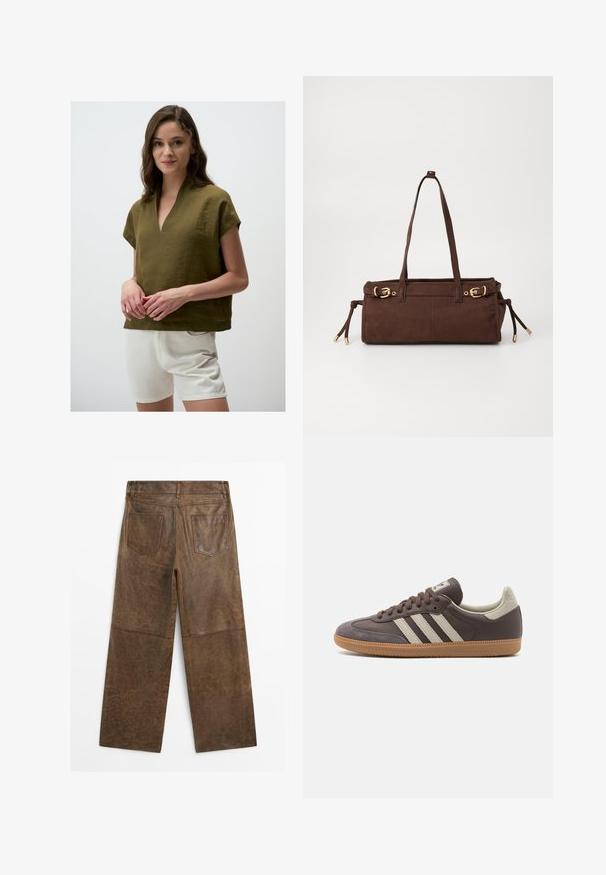 Olivgrünes Leinenoberteil mit V-Ausschnitt, kurzen Ärmeln und lockerer Passform, kombiniert mit weißen Shorts. Der strukturierte Stoff sorgt für einen lässigen Look.; Braune Leder-Hosen mit weitem Bein, zwei Gesäßtaschen und sichtbaren Nähten, von hinten auf einem weißen Hintergrund gezeigt.; Braune Leder-Sneaker mit drei hellen Streifen, Gummisohle, abgerundetem Zehenbereich und strukturierten Wildlederelementen an Ferse und Zehen.; Braune Wildleder-Shoppertasche mit zwei Schulterriemen, goldenen Hardware-Akzenten und verstellbaren Seitenbändern. Verfügt über einen Reißverschluss und eine glatte Textur.