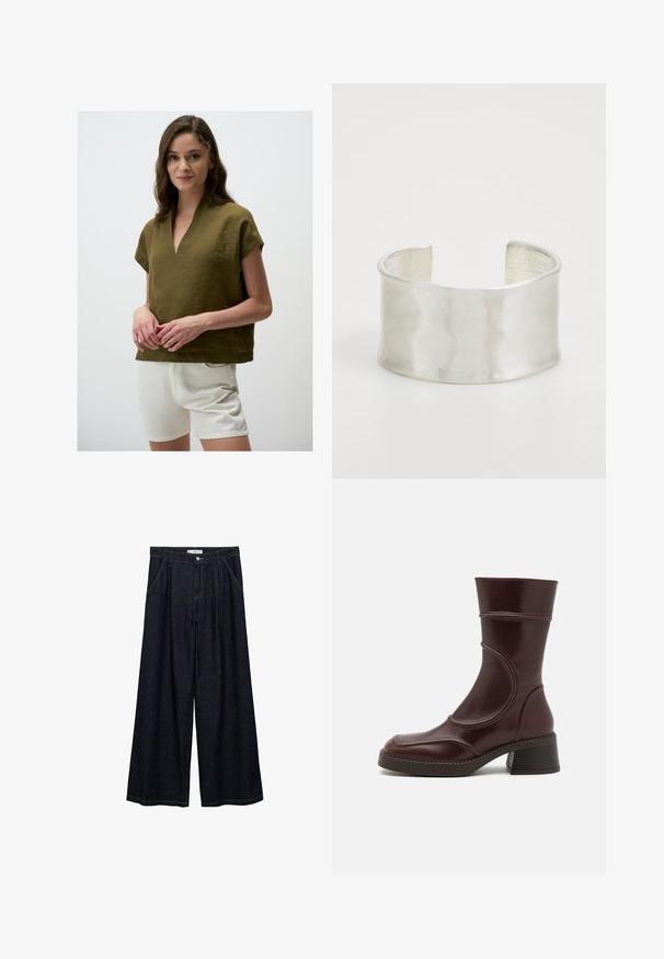 Olijfgroene linnen top met een v-hals, korte mouwen en een losse pasvorm, gecombineerd met witte shorts. De gestructureerde stof zorgt voor een casual uitstraling.; Donkerdenim wijde-broek met een hoge taille, voorzien van een sluiting met knoop aan de voorkant, twee zijzakken en stikdetails.; MIISTA MALENE - Lage laarzen - brown; Zign Armband - silver-coloured