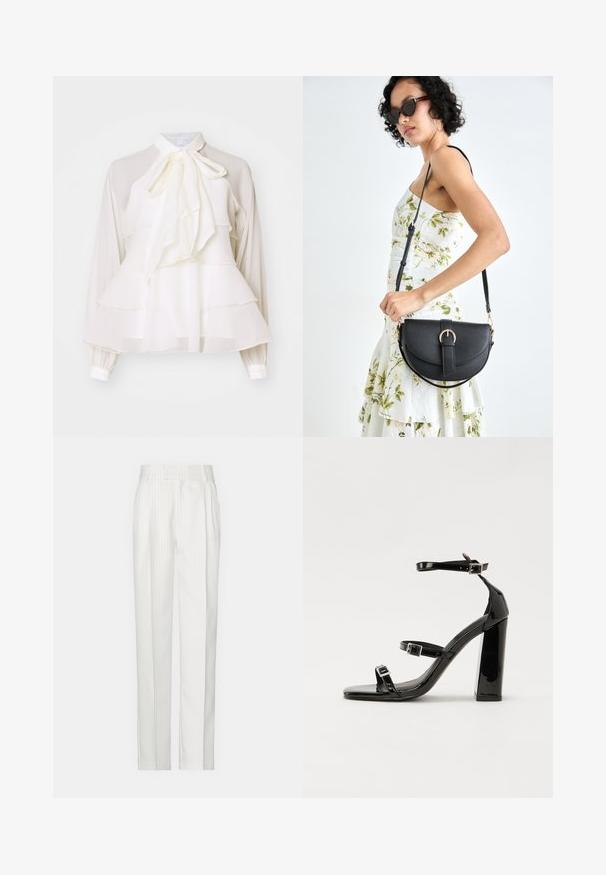 Balta, sluoksniuota palaidinė su kaklo juostele, ilgomis rankovėmis ir raukšlėta tekstūra. Permatomas audinys su laisvu siluetu ir pūstomis rankogaliais.; Balti dryžuoti kelnės su tiesiu kojų dizainu, pagamintos iš lengvos medžiagos. Priekyje turi klostes ir tradicinį juosmenį.; Juoda blizgi lakuota basutė su kvadratiniu pirštu, kulkšnies dirželiais ir sidabro sagtimis. Yra tvirta blokinė kulno konstrukcija, užtikrinanti stabilumą.; Juodas odinis krepšys su išlenkta forma, nuimamu dirželiu ir auksiniais detalėmis. Krepšys turi kilpą su sagtimi.