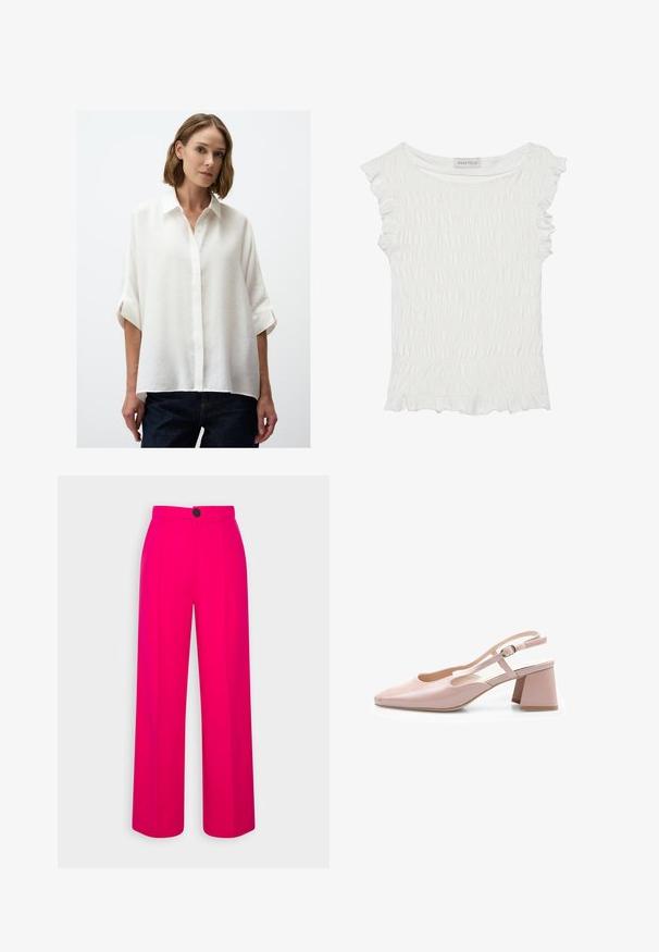 White button-up shirt with a loose fit, short rolled sleeves, and a textured fabric. Paired with dark denim jeans.; White short-sleeve top featuring smocked fabric with ruffled edges, a relaxed neckline, and a textured finish throughout.; Fuchsia wide-leg trousers with a high waist, front pleats, and a single black button closure. Smooth texture and tailored design.; Pink patent leather slingback shoe with a square toe, adjustable strap, and block heel. Smooth surface and minimalist design.