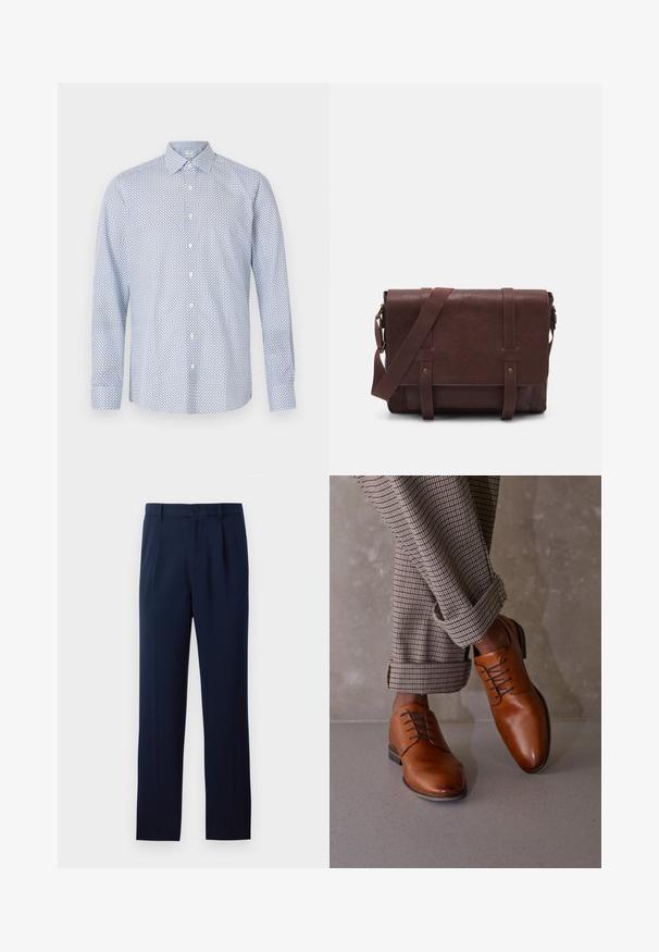 Camicia a maniche lunghe con bottoni di colore azzurro chiaro, caratterizzata da un motivo geometrico e da bottoni bianchi, con un colletto a punta e una vestibilità rilassata.; Pantaloni blu navy realizzati in tessuto liscio, con chiusura a un bottone, pieghe e gambe dritte. Design minimalista senza motivi di rilievo.; Le scarpe in pelle marrone presentano una punta arrotondata, un design con cinque occhielli per i lacci e lacci scuri a contrasto. I pantaloni sono a scacchi, arrotolati sui polsini.; Borsa a tracolla in pelle marrone con un davanti piatto, due cinghie, dettagli in metallo dorato e una tracolla regolabile.