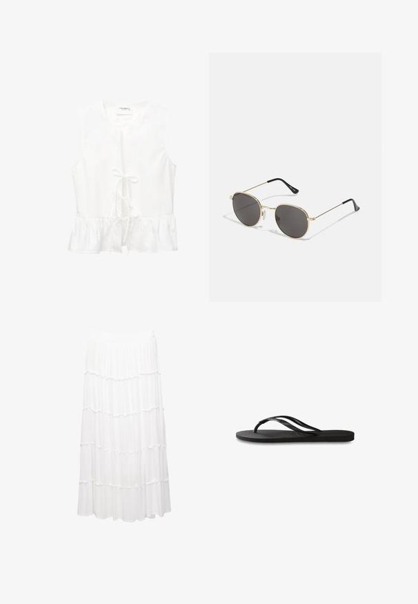 Top bianco senza maniche con orlo a volant, dettaglio con nodo frontale e scollo rotondo. Realizzato in un tessuto liscio e privo di motivi visibili.; Gonna bianca a strati realizzata in tessuto leggero, con una cintura elastica, strati arricciati e un design fluido che arriva fino a metà polpaccio.; Infradito neri con suola in gomma testurizzata, due cinghie sottili e un sottile dettaglio del logo impresso sulla cinghia.; Occhiali da sole rotondi con lenti scure, montatura in metallo dorato sottile, estremità in plastica e poggiatopti regolabili. Design minimalista con un aspetto classico.; Borsa a tracolla in paglia intrecciata con una forma ampia e affusolata, dotata di due manici in pelle nera. Colore beige naturale con una superficie texture.