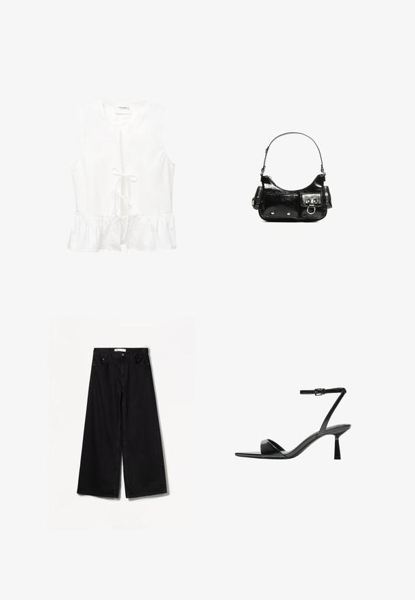 White sleeveless top with a ruffled hem, front tie detail, and a rounded neckline. Made of smooth fabric with no visible patterns.; Bershka WIDE-LEG - Wide Leg - black; Bershka High heeled sandals - black; Black patent leather handbag with a curved shape, one shoulder strap, front pockets, and silver-tone hardware accents.