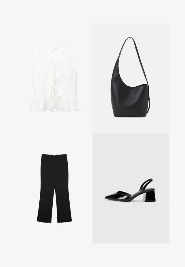 White sleeveless top with a ruffled hem, front tie detail, and a rounded neckline. Made of smooth fabric with no visible patterns.; Black trousers with a straight fit, featuring front pockets and side slits at the hem. Made of soft, smooth fabric. Suitable for various occasions.; Black patent leather slingback heels with a pointed toe and a geometric block heel. Features a sleek, minimal design and smooth texture.; Black leather hobo bag with a smooth texture, curved shape, and single adjustable strap; features a wide opening at the top.