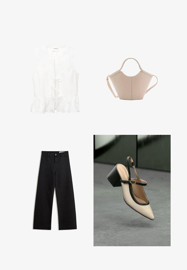 Top bianco senza maniche con orlo a volant, dettaglio con nodo frontale e scollo rotondo. Realizzato in un tessuto liscio e privo di motivi visibili.; Pantaloni in denim neri a gamba larga con vita alta, dotati di tasche anteriori e posteriori, cuciture a punto, e chiusura con bottone. Texture liscia.; Scarpa beige con punta a stivale, con rifiniture nere, fibbia dorata e tacco a blocco spesso su un pavimento grigio con sfondo verde scuro.; Borsa in pelle beige con una forma unica, caratterizzata da due manici corti e una lunga tracolla regolabile. Texture liscia con hardware minimale.