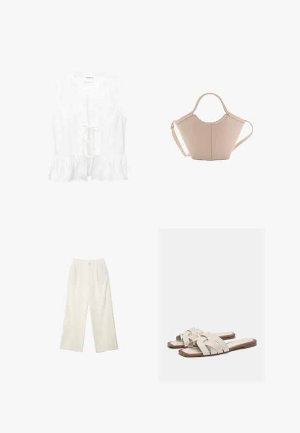 Weißes ärmelloses Oberteil mit Rüschensaum, Frontbindedetail und rundem Ausschnitt. Hergestellt aus glattem Stoff ohne sichtbare Muster.; Helle Stoffhose mit weitem Bein und glatter Textur, ausgestattet mit einem einzelnen Knopf vorne, dezenten Falten und einem Hochbund-Design.; Helle beigefarbene Riemchensandalen mit geflochtenen Riemen, flachem Sohle und minimalistischer Gestaltung. Glatte Textur mit dezenten Farbkontrasten.; Beige Lederhandtasche mit einer einzigartigen Form, die zwei kurze Henkel und einen langen verstellbaren Riemen aufweist. Glatte Textur mit minimalen Hardware-Elementen.