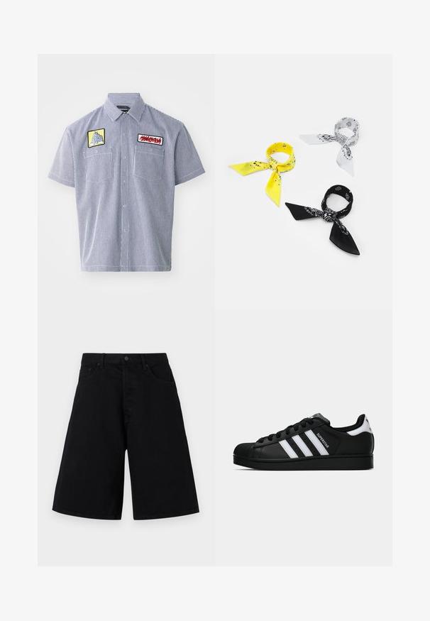 Kurzärmliges, kragenloses Hemd aus navy- und weißgestreiftem Stoff. Verfügt über zwei gestickte Patches auf der Brust und eine Knopfleiste.; Schwarze Denim-Shorts mit lässiger Passform, ausgestattet mit einem klassischen Fünf-Taschen-Design und Knopfverschluss, glatter Textur und geradem Beinabschluss.; Schwarzer Adidas Superstar Sneaker mit weißen Streifen, Schalenzehen und "Superstar"-Schriftzug an der Seite, im Seitenprofil auf weißem Hintergrund dargestellt.; Drei Bandanas: eine gelbe mit schwarzen Mustern, eine weiße mit schwarzen Designs und eine schwarze mit weißen Grafiken. Alle sind quadratisch und aus leichtem Stoff.