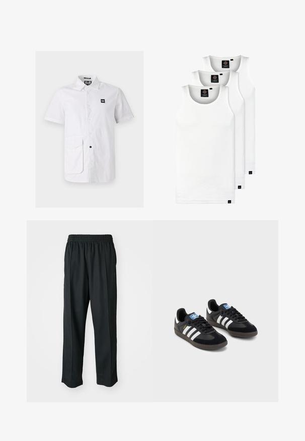 Balts īsām piedurknēm krekliņš no kokvilnas, ar pogājamu apkakli, priekšējo kabatu un mazu melnu logotipa uzšuvi.; Trīs baltas ribotas krūšturi, kas izgatavoti no kokvilnas. Iezīmēti ar apaļu kakla izgriezumu un maziem melniem etiķetēm tuvu apakšmalai. Pieejami vairākos izmēros.; Melni sporta bikses ar elastīgu jostu, izgatavotas no gludas auduma, ar smalku sānu šuvēm un brīvu piegriezumu, taisnas kājas dizains.; Melnas sporta apavas ar zamšādas un sintētisku augšdaļu, ar trim baltām svītrām, teksturētu gumijas zoli un zilu logo birku uz mēles.