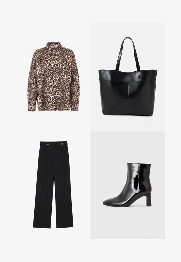 Lapeļa apdrukas pogtērps gaišajā un brūnajā audumā. Satur garas piedurknes, apkakli un krūšu kabatu.; Melnas platās bikses ar augstu jostasvietu, pogu detaļām uz jostas un priekšējām krokām.; Melnas patentētas ādas potīšu zābaki ar norādītu pirkstu un vidēja augstuma kvadrātveida papēdi. Gluda tekstūra un minimālisma dizains.; Melnas ādas iepirkumu soma ar divām garām rokturām, gludu tekstūru un strukturētu formu. Iekļauj priekšējo kabatu papildu uzglabāšanai.