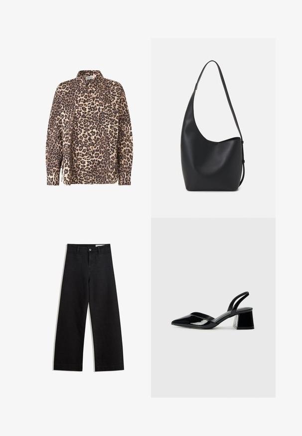 Cămașă cu imprimeu de leopard, cu nasturi, dintr-un material bej și brun. Prezintă mâneci lungi, guler și un buzunar pe piept.; Pantaloni din denim negri cu picioare largi, cu talie înaltă, având buzunare frontale și posterioare, cusături dublate și închidere cu nasture. Textură netedă.; Pantofi cu toc slingback din piele lacuită neagră, cu vârf ascuțit și toc geometric. Prezintă un design elegant, minimalist și o textură netedă.; Geantă hobo din piele neagră, cu o textură netedă, formă curbată și un singur bretele ajustabil; are o deschidere largă în partea de sus.