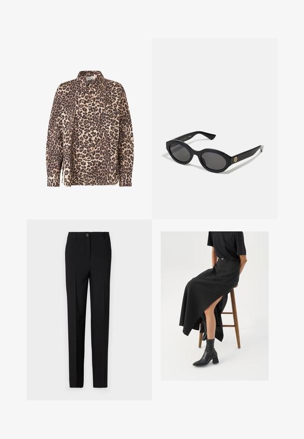 Srajca s leopardjim vzorcem, zapenjala se je in je v bež in rjavi barvi. Ima dolge rokave, ovratnik in žep na prsih.; Črne krojene hlače s ravnim krojem, z gumbom za zapiranje in zankami za pas, narejene iz gladkega materiala.; Črna lanena maxi krilo z visokim razporkom, oblečeno s črno majico in črnimi gležnjarji. Minimalističen dizajn z udobnim krojem.; Črne ovalne sončna očala s temnimi lečami in sijočim plastičnim okvirjem. Imajo zlat logo na robu, kar ponuja eleganten in sodoben oblikovalski pristop.