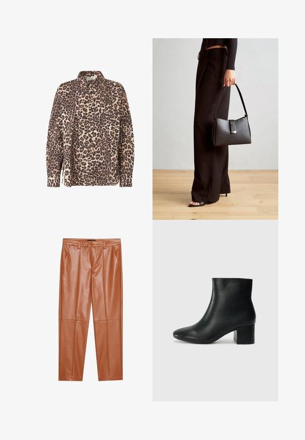 Pikto leopardų raštas mygtukų marškiniai smėlio ir rudos spalvos audiniu. Turi ilgus rankovės, apykaklę ir krūtinės kišenę.; Rudos dirbtinės odos kelnės su pritaikytu siluetu, su priekinių klosčių ir tiesiomis kojomis. Sklandus paviršius be matomų metalinių detalių ar akcentų.; Juodos odinės aulinės botai su smailiu priekiniu pirštu ir storu kulnu. Lygus tekstūra su minimaliomis detalėmis ir elegantišku, tvirtai priglundančiu dizainu.; Juodas rankinė struktūrizuota forma, lygi tekstūra ir metalinis užsegimas. Suporuota su plačiomis juodomis kelnėmis ir atvirais bateliais ant medinių grindų.