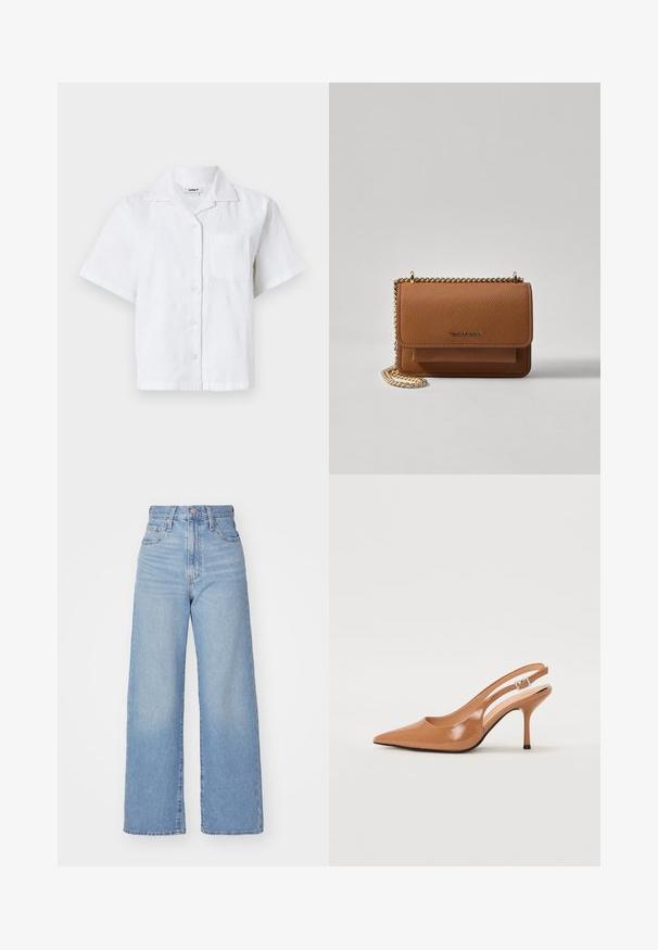 Trumpas rankovėmis baltas marškinis su tekstūruotu raštu, mygtukiniais užsegimais priekyje ir krūtinės kišene. Pagamintas iš lengvos medžiagos su laisvu siluetu.; Šviesiai mėlynos aukšto liemens plačios kojos džinsai su priekiniais užtrauktukais ir sagom, priekinėmis ir galinėmis kišenėmis, ant baltos fono.; Pailgų smailiu pirštu slingback kulnas, pagamintas iš lygaus, blizgaus rudos spalvos medžiagos. Yra kreivų išpjovimų dizainas ir lieknas stiletto kulnas. Sidabrinė sagtis.; Ruda tekstūruota odinė per petį nešama rankinė su auksiniu grandininiu dirželiu ir užlenkiamo užsegimo. Priekinėje pusėje yra logotipo detalė ir kišenė po užlenkimu.