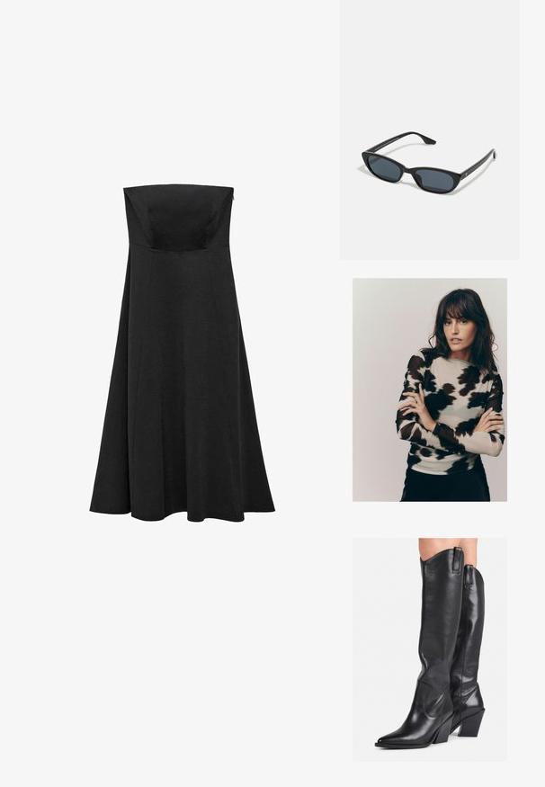 Dugih rukava majica s osnovom od svijetlosmeđeg materijala s crno-sivim apstraktnim uzorkom, izrađena od prozirnog, blago teksturiranog materijala.; Crna haljina bez naramenica s prilagođenim korzetom i raširenom, dugom suknjom. Napravljena od glatkog materijala bez vidljivih uzoraka ili naglasaka.; Crne kožne čizme do koljena s ispicanim vrhom, zakrivljenim okvirom i debelim potplatom. Imaju glatku teksturu i trake za povlačenje na vrhu.; Crne mačkaste sunčane naočale s tamnim staklima, plastičnim okvirom, uskim stablima i suptilnim oznakama na unutarnjoj strani. Mat tekstura završne obrade.; Crna kožna torba s zakrivljenim dizajnom, zlatnim detaljima i gornjom drškom. Ima elegantno zatvaranje i glatku teksturu.