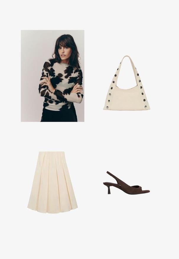 Pitkähihaista puseroa, jossa on vaalea beige kangas ja musta-harmaa abstrakti kuvio, valmistettu läpinäkyvästä, hieman teksturoidusta materiaalista.; Pleated skirt in cream-colored fabric; features soft texture, mid-length design, and symmetrical pleats extending from the waistband to the hem.; Ruske kengät slingback-mallilla, joissa on avokyntinen muotoilu, matala kaareva kenkäkorko ja pehmeä pinta kauttaaltaan.; PULL&BEAR SHOULDER - Shopping bag - beige