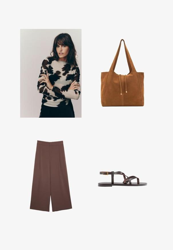 Langsleeve top met een lichtbeige stoffen basis en een zwart en grijs abstract patroon, gemaakt van een sheer, lichtjes gestructureerd materiaal.; Bruine wijde broek met een gladde textuur, voorzien van een hoge taille en plooien aan de voorkant. De stof is lichtgewicht en valt losjes.; Bruine leren sandaal met kruisingen van banden, een enkelgesp-sluiting en een platte zool met minimale stikdetails.; Bruine suède schoudertas met twee lange hengsels, trekkoordsluiting en minimalistisch ontwerp. Gladde textuur en geen zichtbare hardware-accenten.