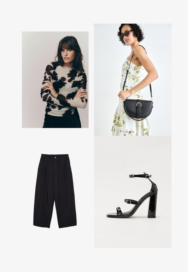 Dugih rukava majica s osnovom od svijetlosmeđeg materijala s crno-sivim apstraktnim uzorkom, izrađena od prozirnog, blago teksturiranog materijala.; Crne poliester hlače culotte s elastičnim pojasom, dva prednja nabora i širokim krojem. Nema vidljivih uzoraka ili metalnih detalja.; Crne lakirane sandale na pete sa kvadratnim nosom, trakama oko gležnja i srebrnim kopčama. Imaju čvrst blok petu za stabilnost.; Crna kožna torba s lukovitim oblikom, odvojivim remenom i zlatnim detaljima. Torba ima preklop s kopčom.