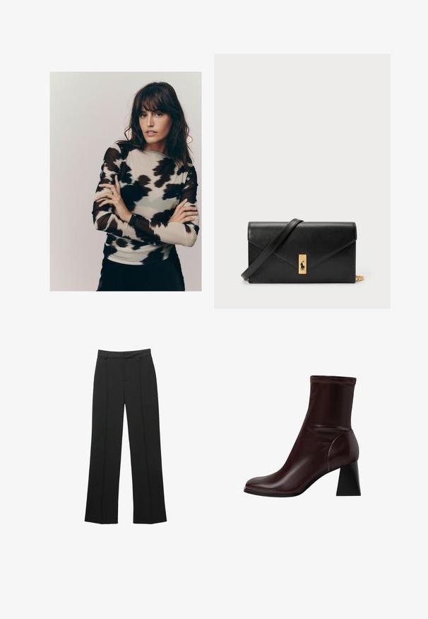 Long-sleeved top featuring a light beige fabric base with a black and gray abstract pattern, made from a sheer, slightly textured material.; Black straight-leg trousers made from a smooth fabric, featuring a flat front, belt loops, and no visible pockets, with a tailored fit.; Stradivarius BLOCK - Classic ankle boots - dark red; Black leather wallet with a fold-over flap, gold hardware, featuring a logo accent. Includes a detachable strap for carrying.