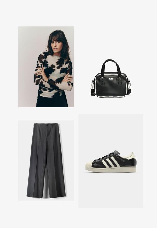 Langärmliges Oberteil aus einem hellbeigen Stoff mit einem schwarz-grauen abstrakten Muster, gefertigt aus einem transparenten, leicht strukturierten Material.; Weite Beinhosen aus dunkelgrauem Stoff mit Knopfverschluss, vorderen Falten und Gürtelschlaufen. Glatte Textur mit maßgeschneidertem Design.; Schwarze Ledersneaker mit weißen Streifen, Gummikappe, schwarzen Schnürsenkeln und einer cremefarbenen Sohle. Glatte Textur mit glänzender Oberfläche.; Schwarze Lederhandtasche mit zwei kurzen Griffen, silbernem Zubehör, weißen Akzenten und einem weißen Logo. Verfügt über eine strukturierte Oberfläche und ein kompaktes Design.