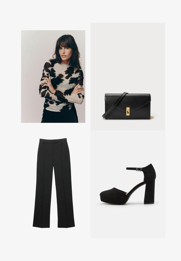 Top cu mânecă lungă, realizat dintr-un material bej deschis, cu un model abstract în nuanțe de negru și gri, dintr-o țesătură ușor transparentă și puțin texturată.; Pantaloni negri cu talie înaltă și picior larg, cu bucle pentru curea și un detaliu cu cusătură frontală, expuși pe un fundal alb.; Pantofi cu toc platformă din suede negru, cu un toc gros și pătrat, vârf rotund și curea pentru gleznă prinsă cu o cataramă metalică. Textură netedă pe toată suprafața.; Portofel din piele neagră, cu clapetă pliabilă, accesorii din aur, având un accent cu logo. Include o curea detașabilă pentru purtare.