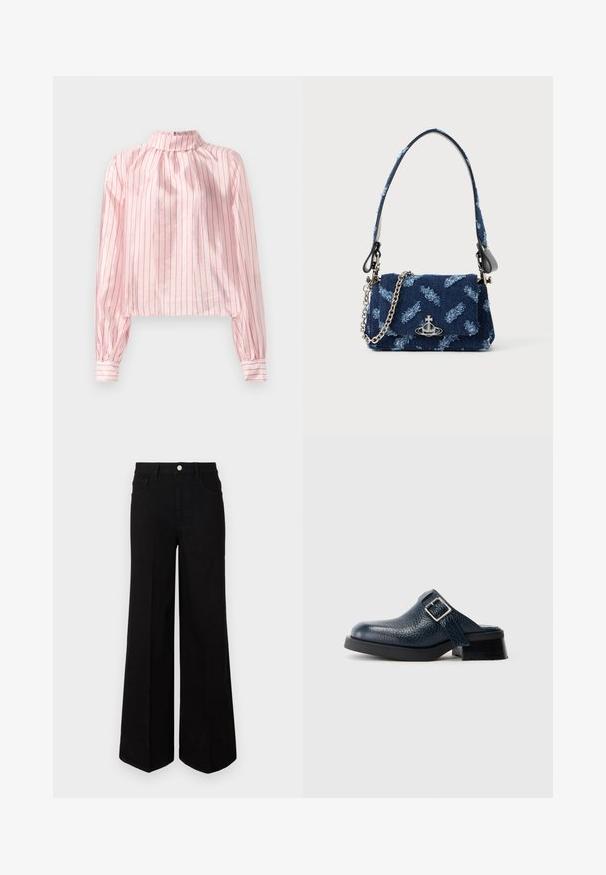 Pink, striped blouse featuring a high collar, long sleeves with buttoned cuffs, and a cropped design. Smooth texture with shiny accents.; Black wide-leg jeans made of sturdy fabric, featuring a high waist, front pockets, and a front button closure. Flat hem at the bottom.; Navy blue leather clog with a textured finish, featuring a side strap and silver buckle, set on a low black heel with a sturdy sole.; Navy blue fabric handbag with a textured design, silver hardware, and a detachable chain strap. Features a flap closure and logo accent.