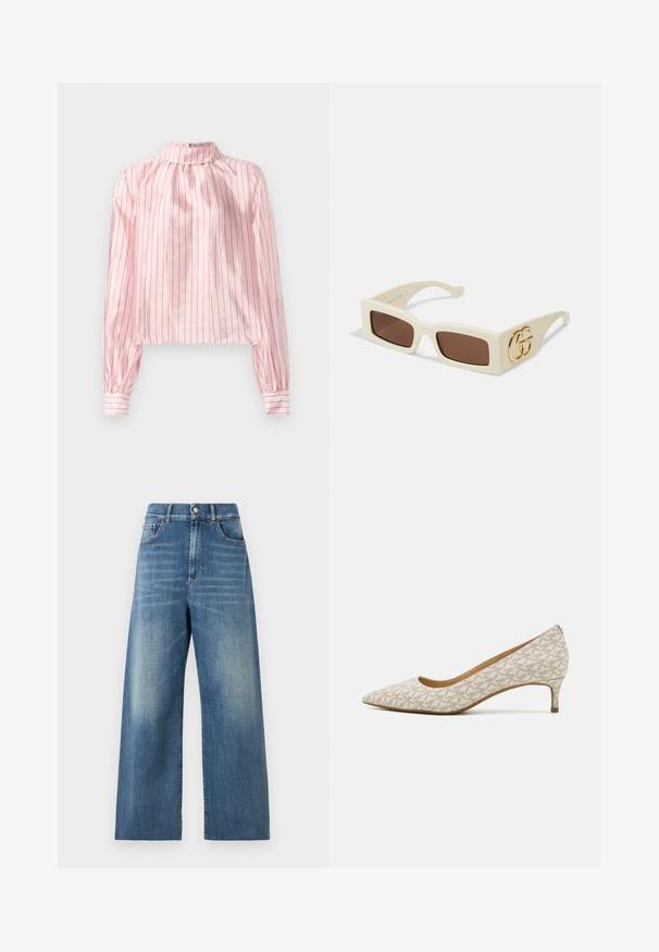 Rožinė dryžuota palaidinė su aukštu apykaklės kraštu, ilgomis rankovėmis su mygtukais ir trumpu kirpimu. Lygi tekstūra su blizgiais akcentais.; Aukštai juosmens, plačių kojų džinsai, pagaminti iš mėlynos džinsinės medžiagos su išblukusiu efektu. Ypatybės: priekinės kišenės ir viena mygtuko uždarymo sistema.; Smailėsiu kojinį batą béžinės spalvos audiniu su geometriniu raštu, turinčiu žemą kulną ir elegantišką siluetą. Lygi tekstūra ir minimalūs akcentai.; Balti stačiakampiai saulės akiniai su rudais lęšiais. Šone yra ryškus auksinis GG logotipas. Pagaminti iš struktūrinės plastiko medžiagos.